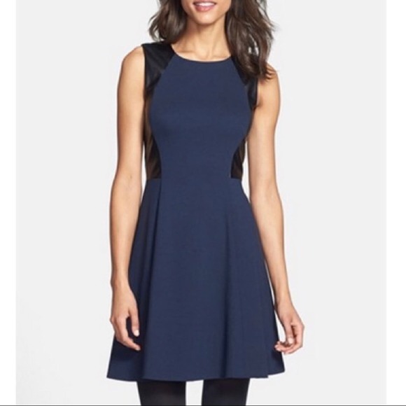 Eliza J Blue Dress with Black Leather Colorblock Side Panel, size 6 - Picture 6 of 12